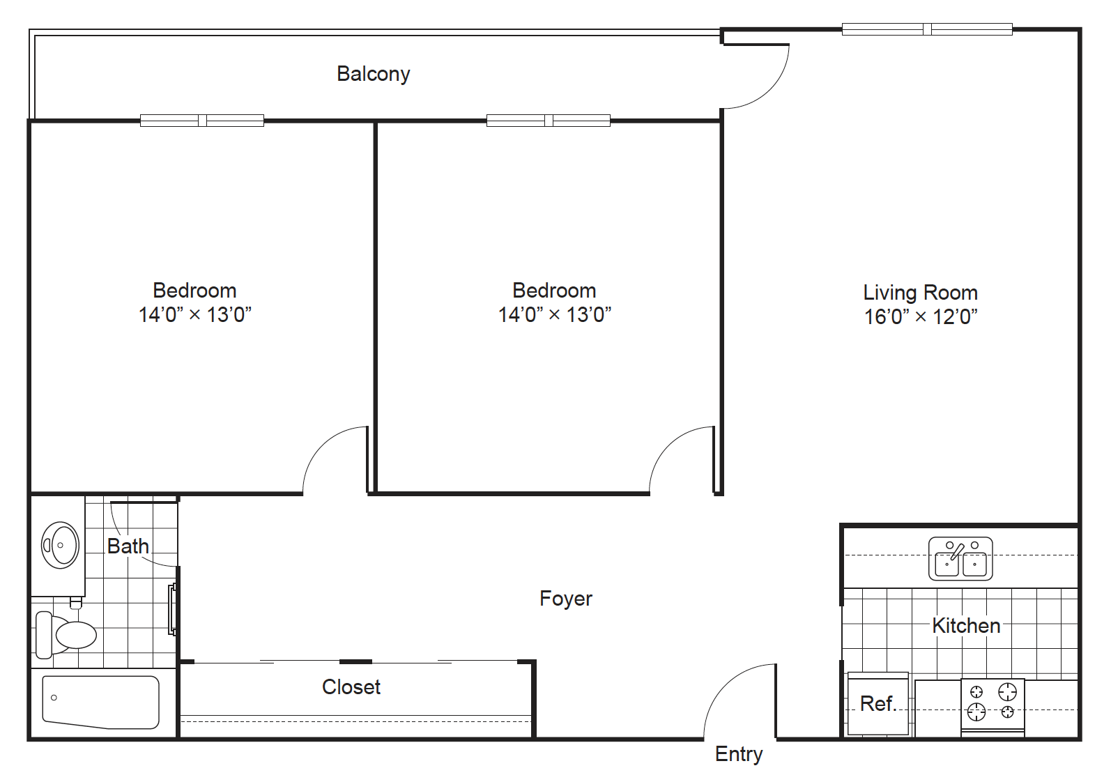 one bedroom two bathroom apartment layout